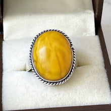 Load image into Gallery viewer, Vintage Butterscotch Amber Sterling Silver Ring. 1930&#39;s Art Deco Ring. Egg Yolk Yellow Natural Baltic Amber Cabochon Ring. Size UK/N.5 US/7
