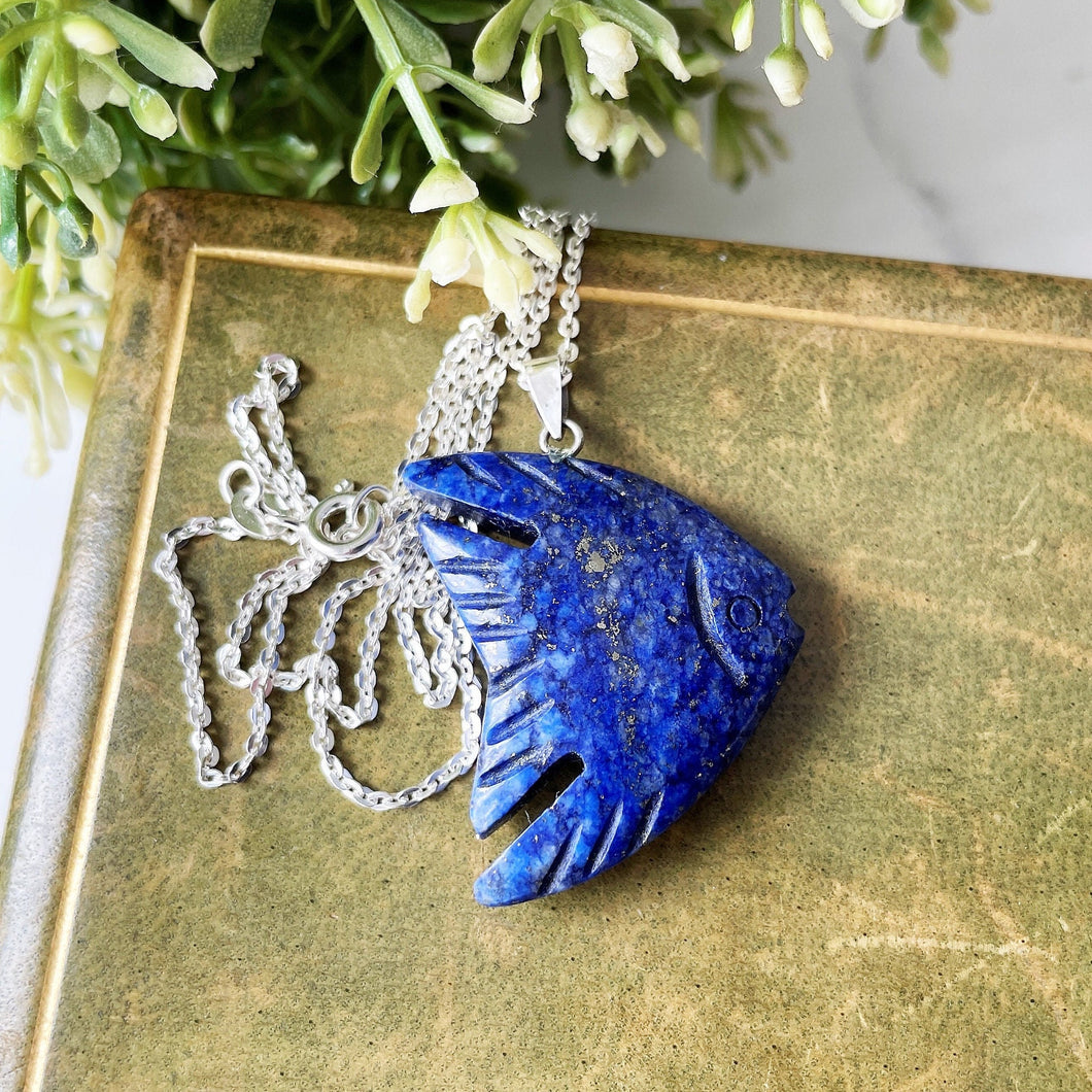 Carved Lapis Lazuli Sterling Silver Angelfish Pendant Necklace. Vintage Blue Lapis Figural Pendant. Large Tropical Angel Fish Pendant, Chain
