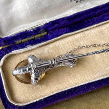 Load image into Gallery viewer, Victorian Scottish Citrine Silver Grouse Claw Kilt Pin In Antique Box. Antique Sterling Silver Scottish Cairngorm Huge Stick Pin Brooch.

