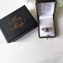 Cargar imagen en el visor de la galería, Vintage 1964 Art Deco Style Sapphire &amp; White Spinel 9ct Gold Ring. Square Cut Sapphire Cluster Ring. Blue Sapphire Halo Ring, UK R/US 8-3/4
