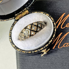 Cargar imagen en el visor de la galería, Georgian Regency Antique 18ct Gold, Black Enamel &amp; Pearl Ring. Early Victorian Mourning Ring Circa 1830. Antique Dome Band Ring Size Q/7
