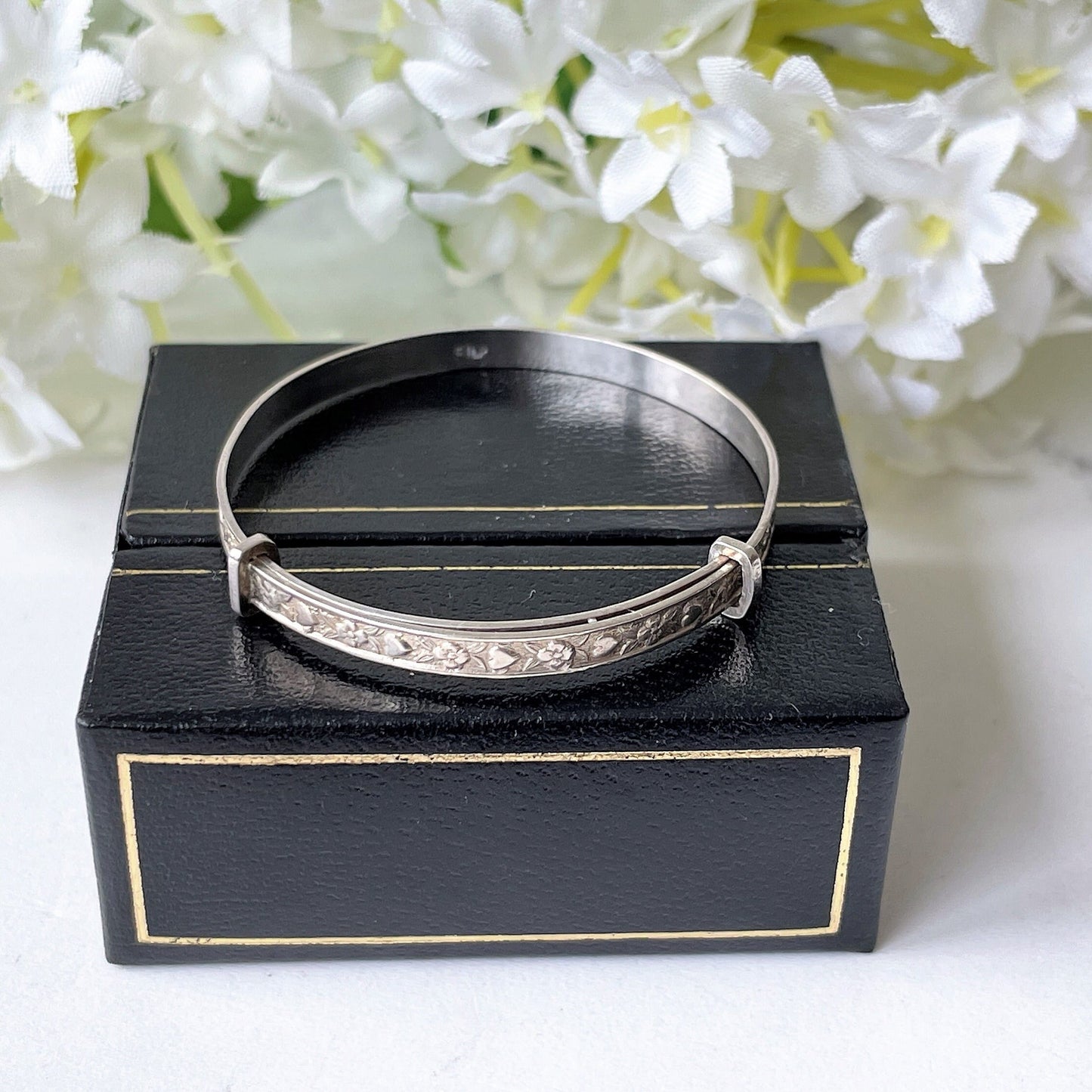 Vintage Sterling Silver Baby Bangle, Boxed. Heart & Flower Engraved Childs Bracelet. English Adjustable Bangle. Baptismal, Christening Gift