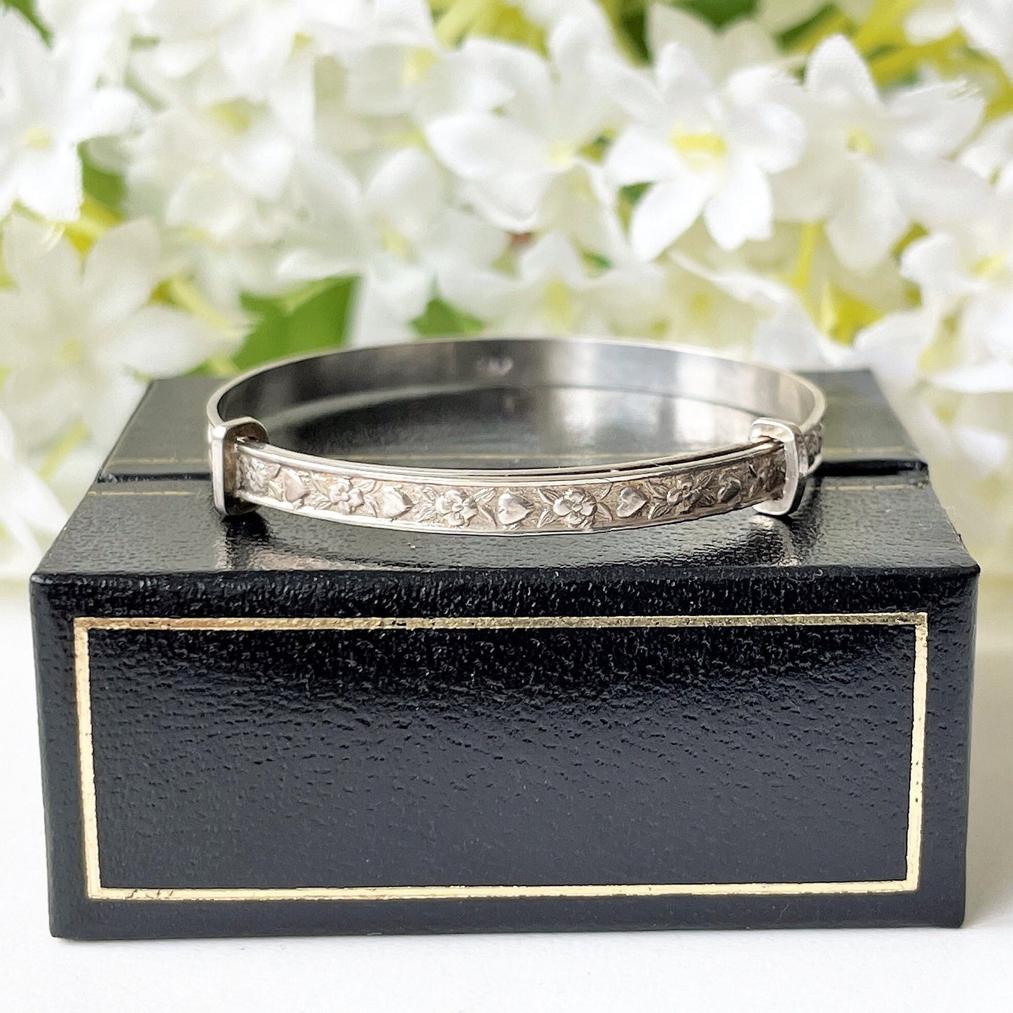 Vintage Sterling Silver Baby Bangle, Boxed. Heart & Flower Engraved Childs Bracelet. English Adjustable Bangle. Baptismal, Christening Gift