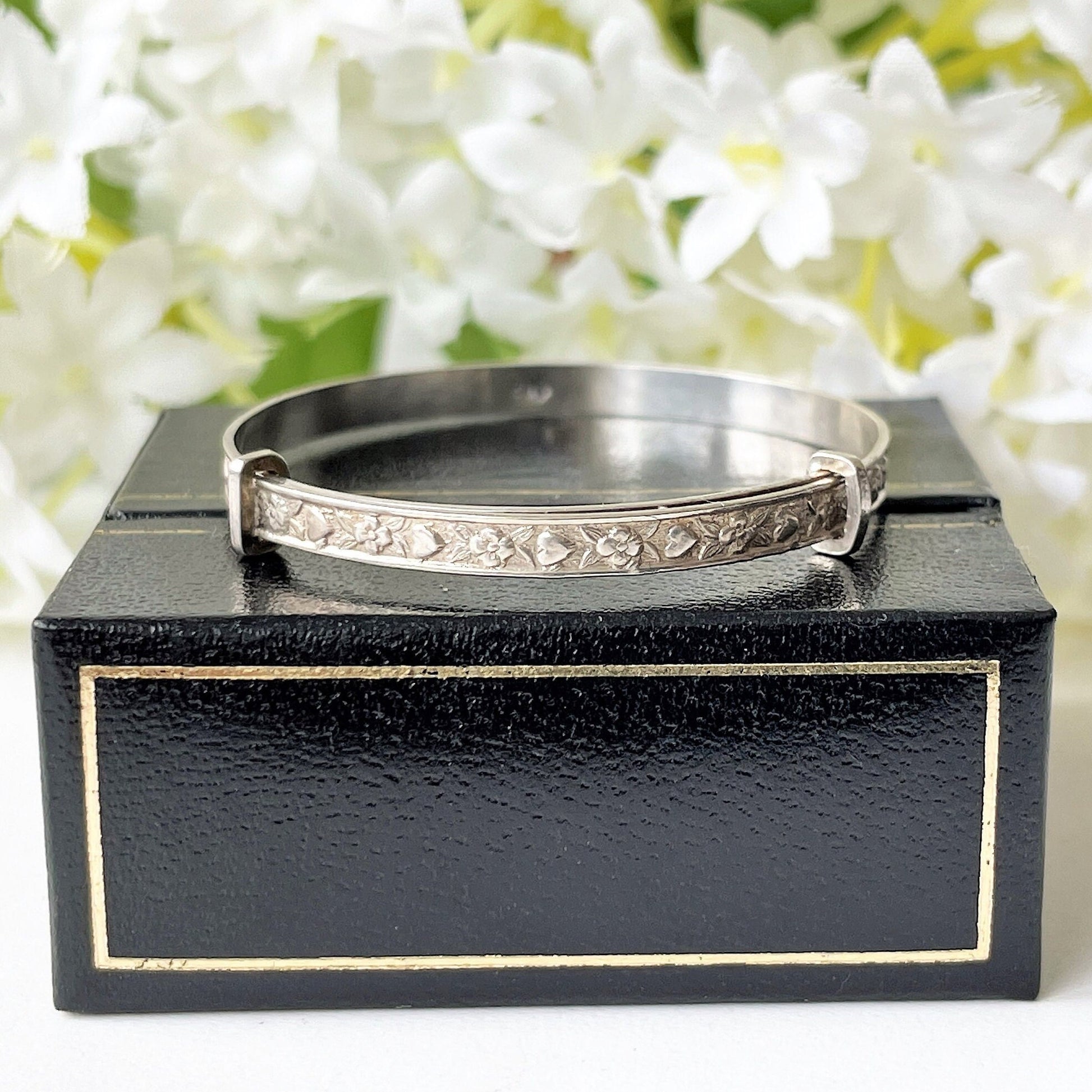 Vintage Sterling Silver Baby Bangle, Boxed. Heart & Flower Engraved Childs Bracelet. English Adjustable Bangle. Baptismal, Christening Gift