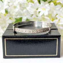 Load image into Gallery viewer, Vintage Sterling Silver Baby Bangle, Boxed. Heart &amp; Flower Engraved Childs Bracelet. English Adjustable Bangle. Baptismal, Christening Gift

