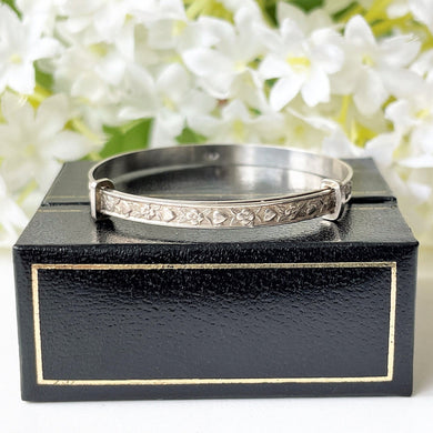 Vintage Sterling Silver Baby Bangle, Boxed. Heart & Flower Engraved Childs Bracelet. English Adjustable Bangle. Baptismal, Christening Gift