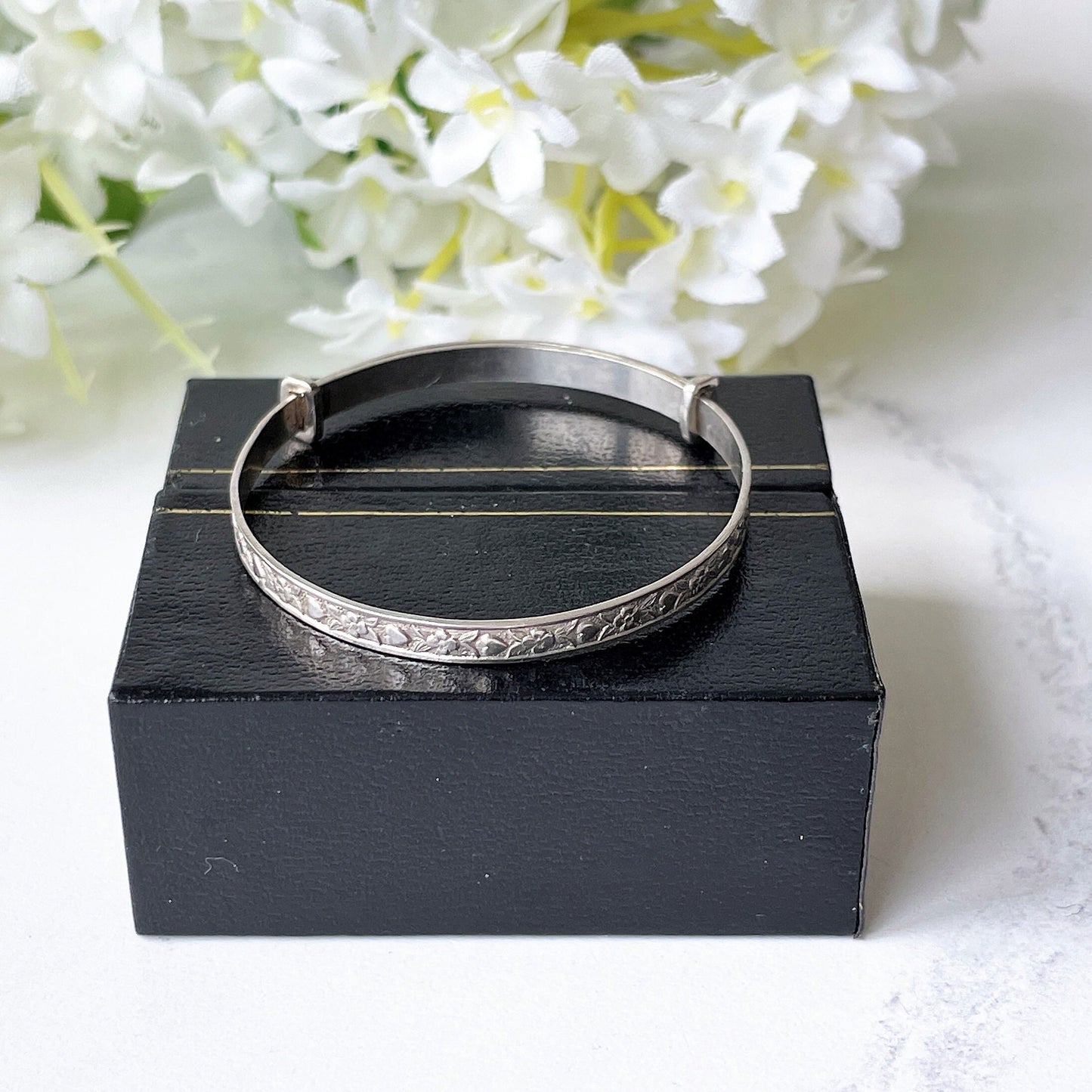 Vintage Sterling Silver Baby Bangle, Boxed. Heart & Flower Engraved Childs Bracelet. English Adjustable Bangle. Baptismal, Christening Gift