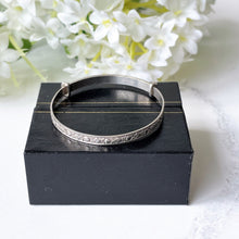 Load image into Gallery viewer, Vintage Sterling Silver Baby Bangle, Boxed. Heart &amp; Flower Engraved Childs Bracelet. English Adjustable Bangle. Baptismal, Christening Gift
