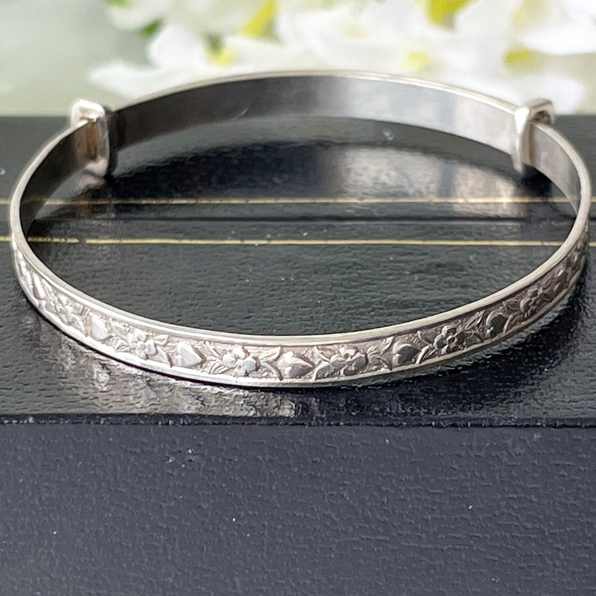 Vintage Sterling Silver Baby Bangle, Boxed. Heart & Flower Engraved Childs Bracelet. English Adjustable Bangle. Baptismal, Christening Gift