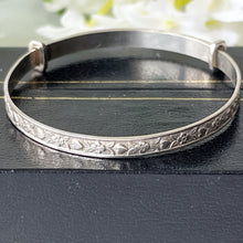 Load image into Gallery viewer, Vintage Sterling Silver Baby Bangle, Boxed. Heart &amp; Flower Engraved Childs Bracelet. English Adjustable Bangle. Baptismal, Christening Gift
