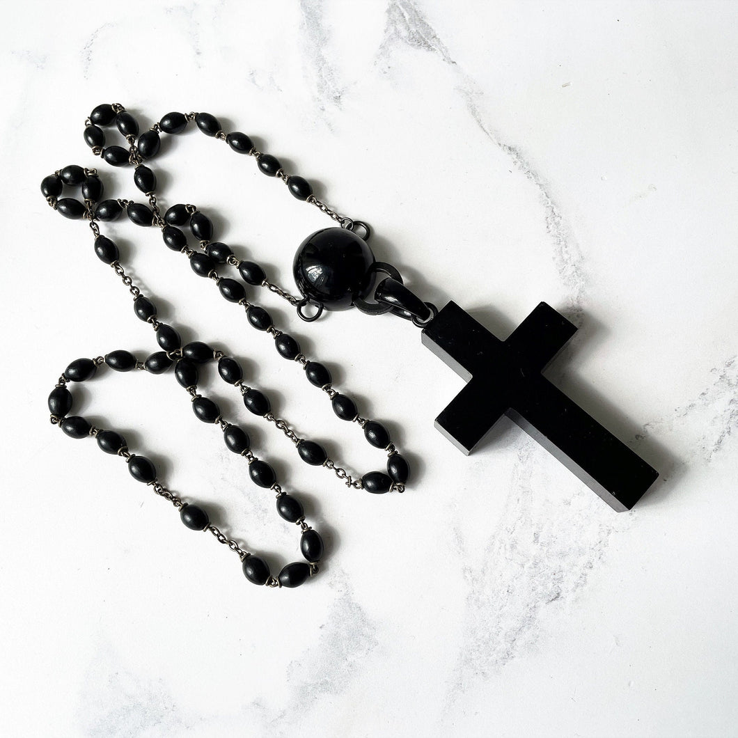Huge Victorian Whitby Jet Cross Pendant Necklace. Antique English Black Gemstone Cross On Long Bog Oak Bead Chain. Antique Mourning Jewelry