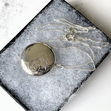 Load image into Gallery viewer, Vintage English Sterling Silver Round Locket Necklace. Floral Engraved Photo Locket &amp; Curb Chain. Edwardian Retro Puffy Silver Locket
