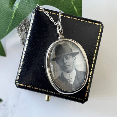 Vintage Art Deco Silver Picture Pendant Necklace. Peaky Blinders Style 1930s Gent's Photo Portrait Pendant On Sterling Silver Chain