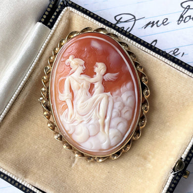 Vintage 9ct Gold Venus & Amor Cameo Brooch. Large Modern Carved Cameo of Venus and Cupid, London 1981. Romantic Edwardian Revival Jewelry