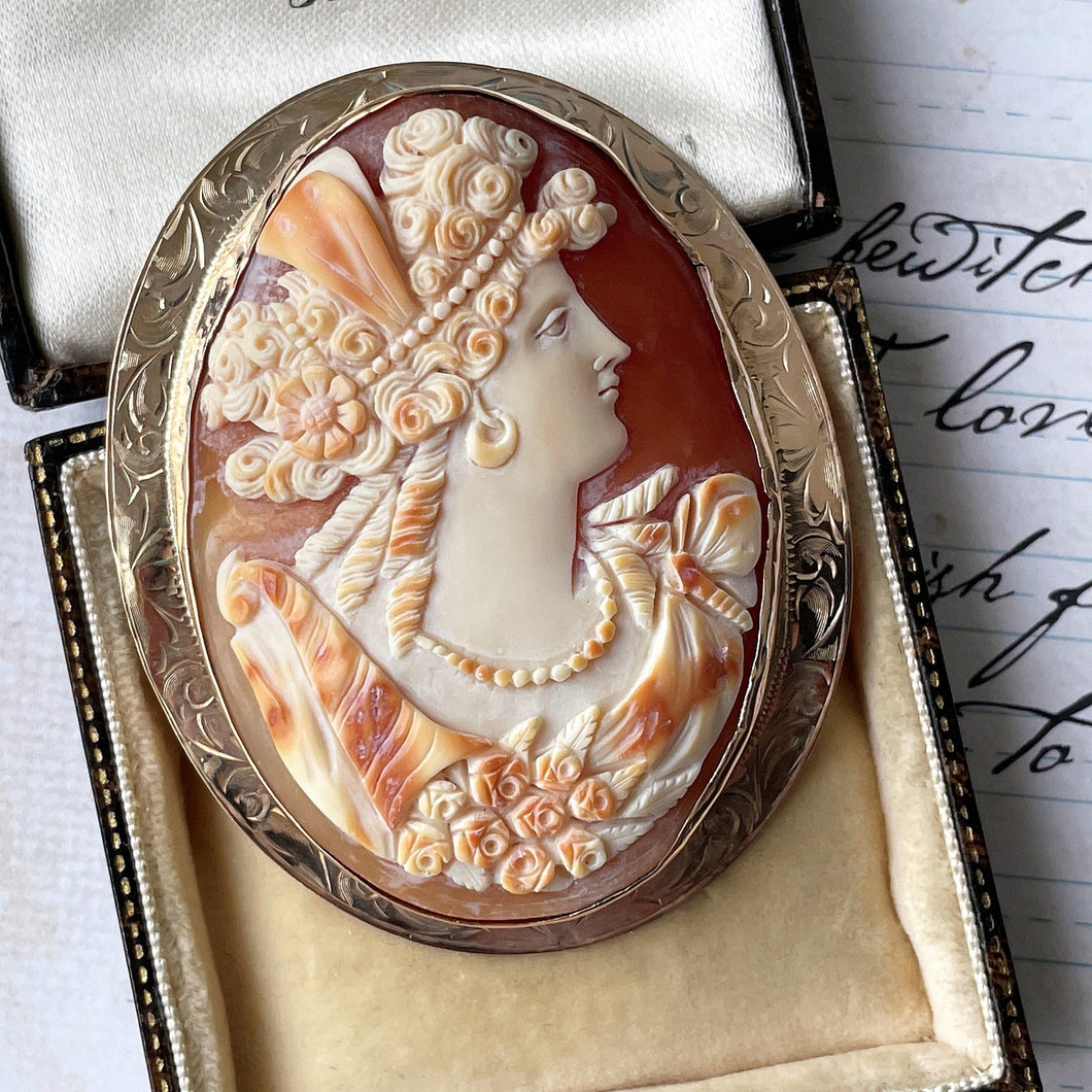 Massive Antique 10ct Gold Bacchante Cameo Brooch. Museum Quality Italian Carved Shell Cameo. 10K Gold Edwardian/Victorian Cameo Brooch c1900