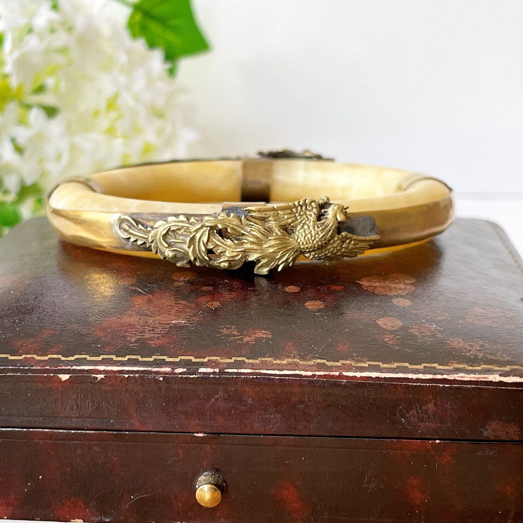 Antique Chinese Yellow Jade Dragon & Phoenix Bangle. Gold Metal Clad Qing Dynasty Nephrite Jade Bangle. Old Tibet Bangle Bracelet