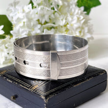 Load image into Gallery viewer, Vintage Art Deco Guilloche Engraved Sterling Silver Bangle. 1940s Wide Belt Style Bangle. English Silver Bangle Bracelet, Chester Hallmarks
