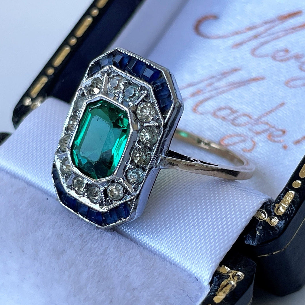 1920s Art Deco Paste Emerald, Sapphire & Diamond Ring. Antique 9ct Gold Square Emerald Cut Cocktail/Dress/Engagement Ring, Size N or 6-3/4