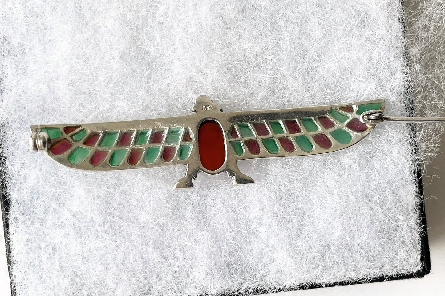Art Deco Egyptian Revival Plique-à-jour Brooch. Antique German 935 Silver, Enamel, Carnelian & Ruby Horus Brooch. Falcon Bird Scarab Brooch