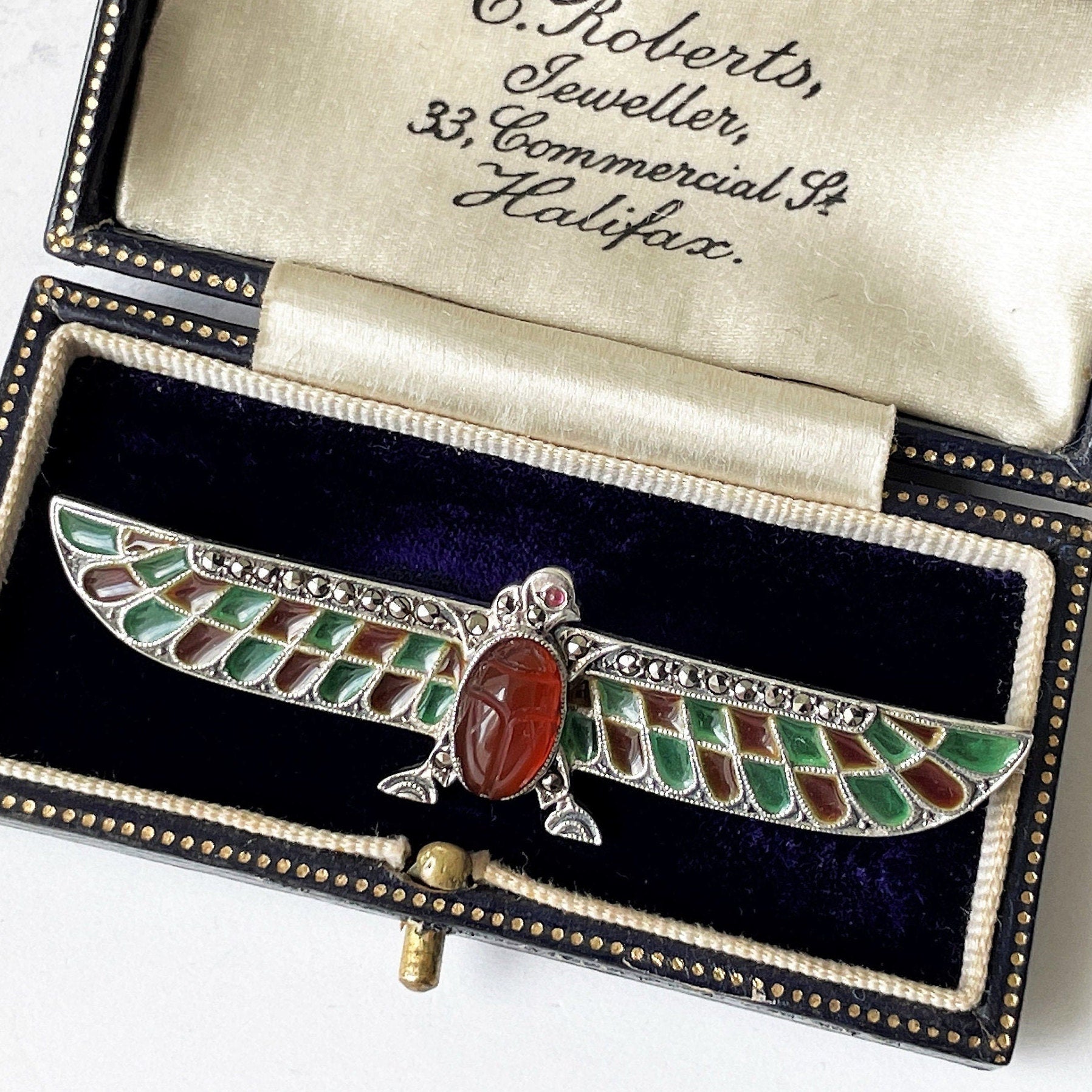 Art Deco Egyptian Revival Plique-à-jour Brooch. Antique German 935 Silver, Enamel, Carnelian & Ruby Horus Brooch. Falcon Bird Scarab Brooch