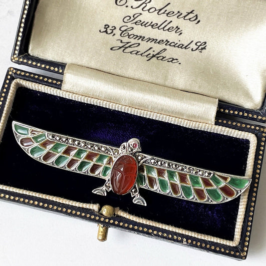 Art Deco Egyptian Revival Plique-à-jour Brooch. Antique German 935 Silver, Enamel, Carnelian & Ruby Horus Brooch. Falcon Bird Scarab Brooch