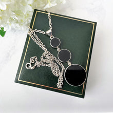 Load image into Gallery viewer, Vintage Whitby Jet 3 Drop Sterling Silver Pendant Necklace. English Jet Contemporary Necklace. Black Gemstone Statement Pendant Necklace
