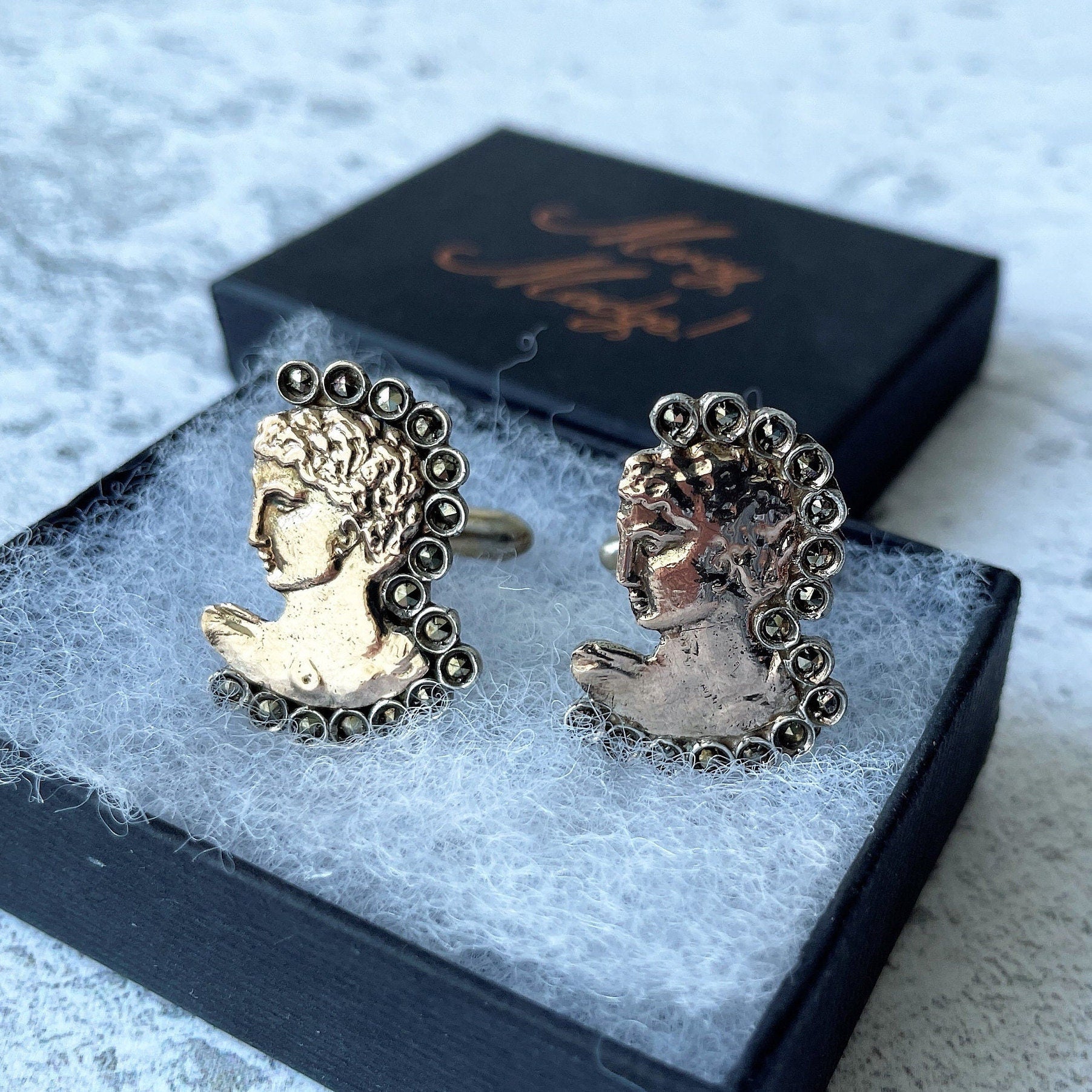 Ancient Greek God Adonis Gold & Silver Cufflinks. 8ct Gold, Sterling Silver Cufflinks, Hand-Made In Greece. Mens Vintage Jewelry Gift