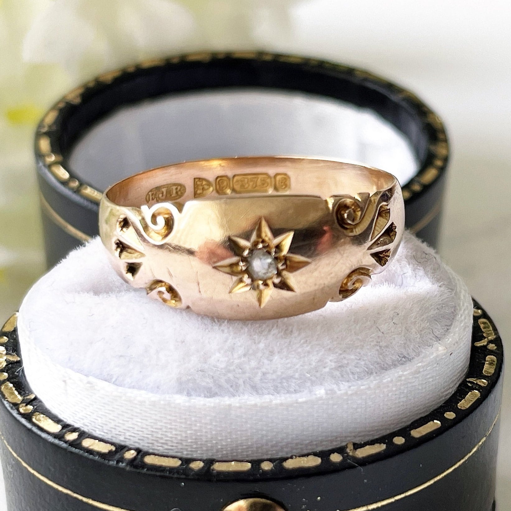 Antique 9ct Gold Old Mine Cut Diamond Ring, Chester 1903. Edwardian Star Set Solitaire Diamond Band Dome Ring. Yellow Gold Gypsy Ring