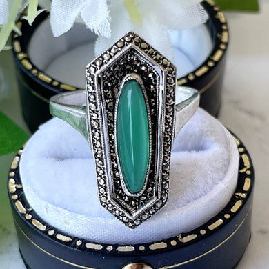 Art Deco Silver & Green Chrysoprase Marcasite Ring. 1930s Egyptian Revival Sarcophagus Ring. Antique Sterling Silver Cocktail Ring, Germany