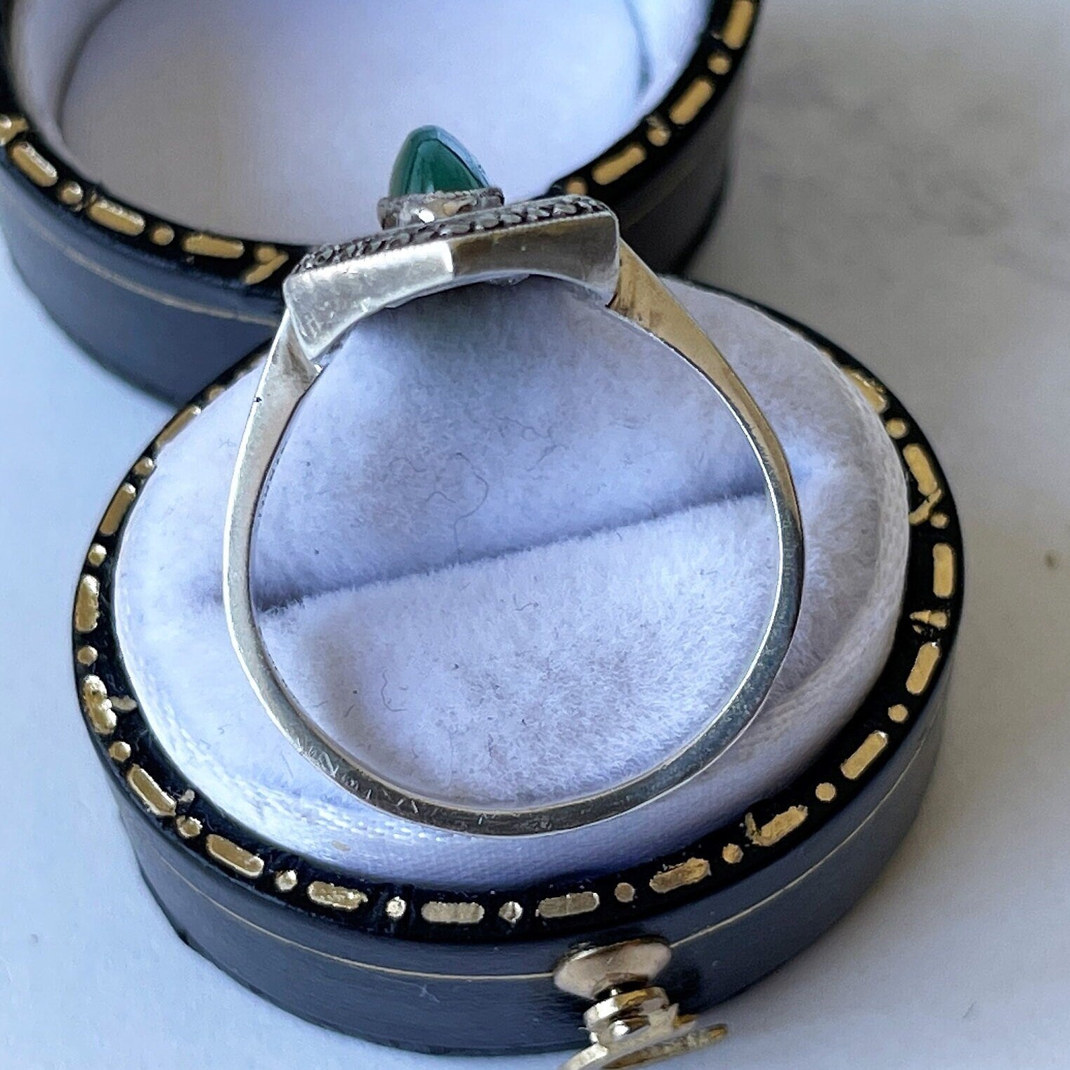 Art Deco Silver & Green Chrysoprase Marcasite Ring. 1930s Egyptian Revival Sarcophagus Ring. Antique Sterling Silver Cocktail Ring, Germany