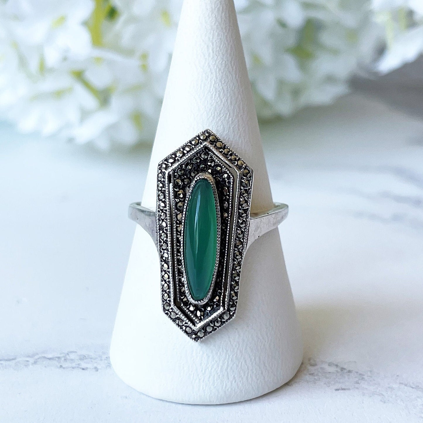 Art Deco Silver & Green Chrysoprase Marcasite Ring. 1930s Egyptian Revival Sarcophagus Ring. Antique Sterling Silver Cocktail Ring, Germany