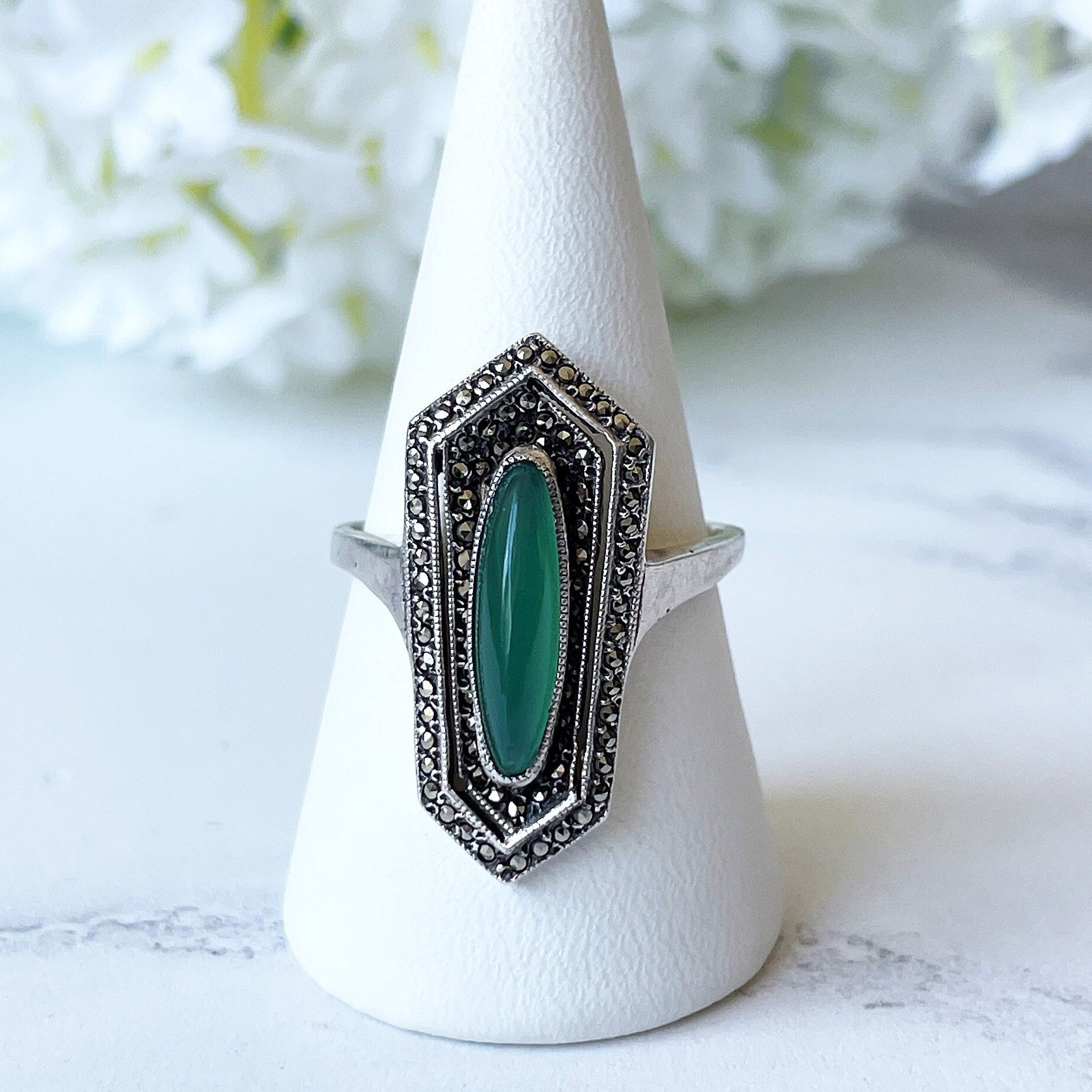 Art Deco Silver & Green Chrysoprase Marcasite Ring. 1930s Egyptian Revival Sarcophagus Ring. Antique Sterling Silver Cocktail Ring, Germany