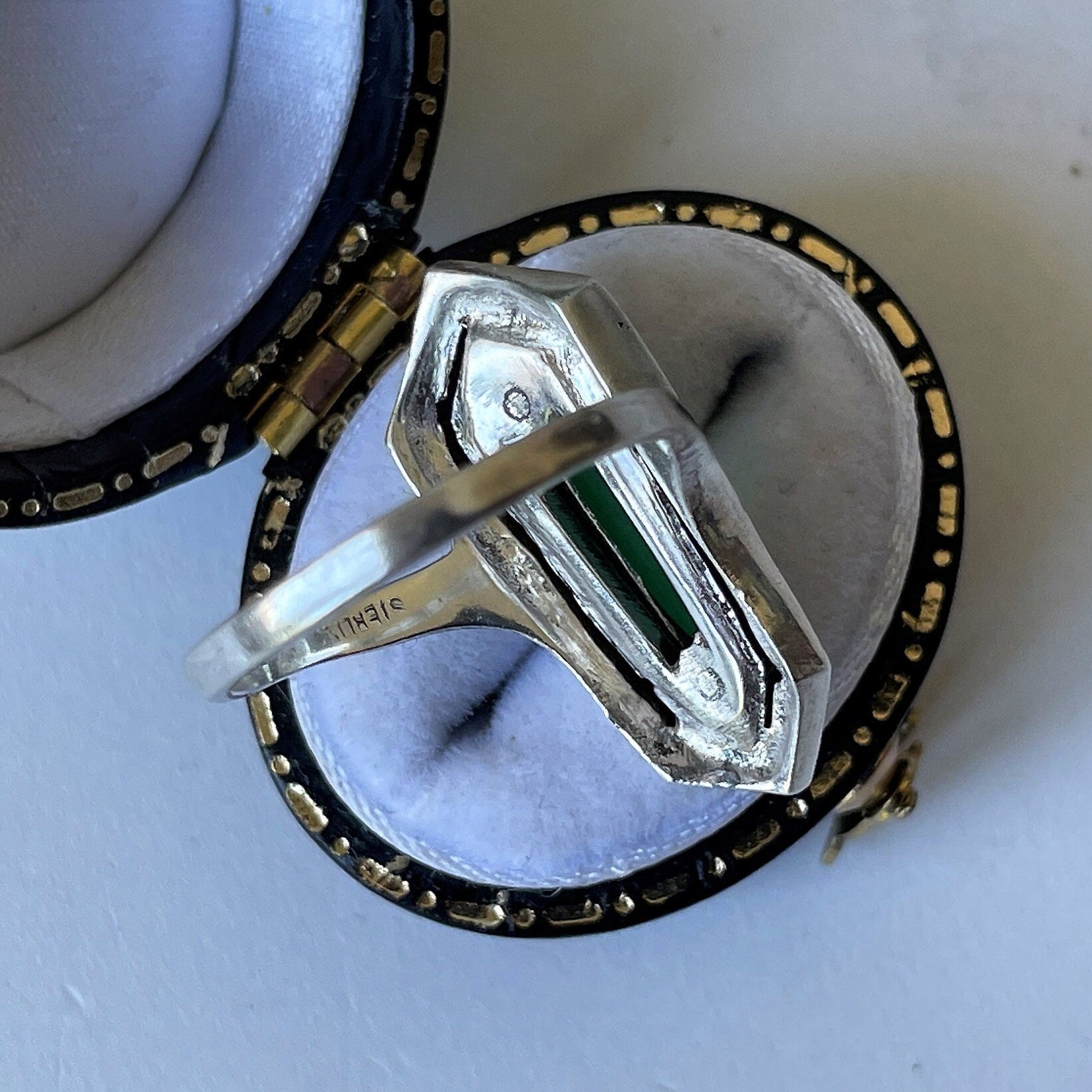 Art Deco Silver & Green Chrysoprase Marcasite Ring. 1930s Egyptian Revival Sarcophagus Ring. Antique Sterling Silver Cocktail Ring, Germany