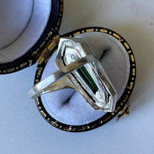 Load image into Gallery viewer, Art Deco Silver &amp; Green Chrysoprase Marcasite Ring. 1930s Egyptian Revival Sarcophagus Ring. Antique Sterling Silver Cocktail Ring, Germany
