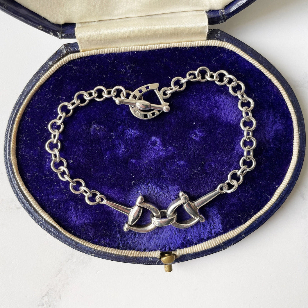 Vintage Sterling Silver Horseshoe & Bridle Bit Bracelet. Equestrian Snaffle Bracelet. British Millennium Silver Fancy Chain Link Bracelet.