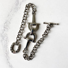 Charger l&#39;image dans la galerie, Vintage Sterling Silver Horseshoe &amp; Bridle Bit Bracelet. Equestrian Snaffle Bracelet. British Millennium Silver Fancy Chain Link Bracelet.
