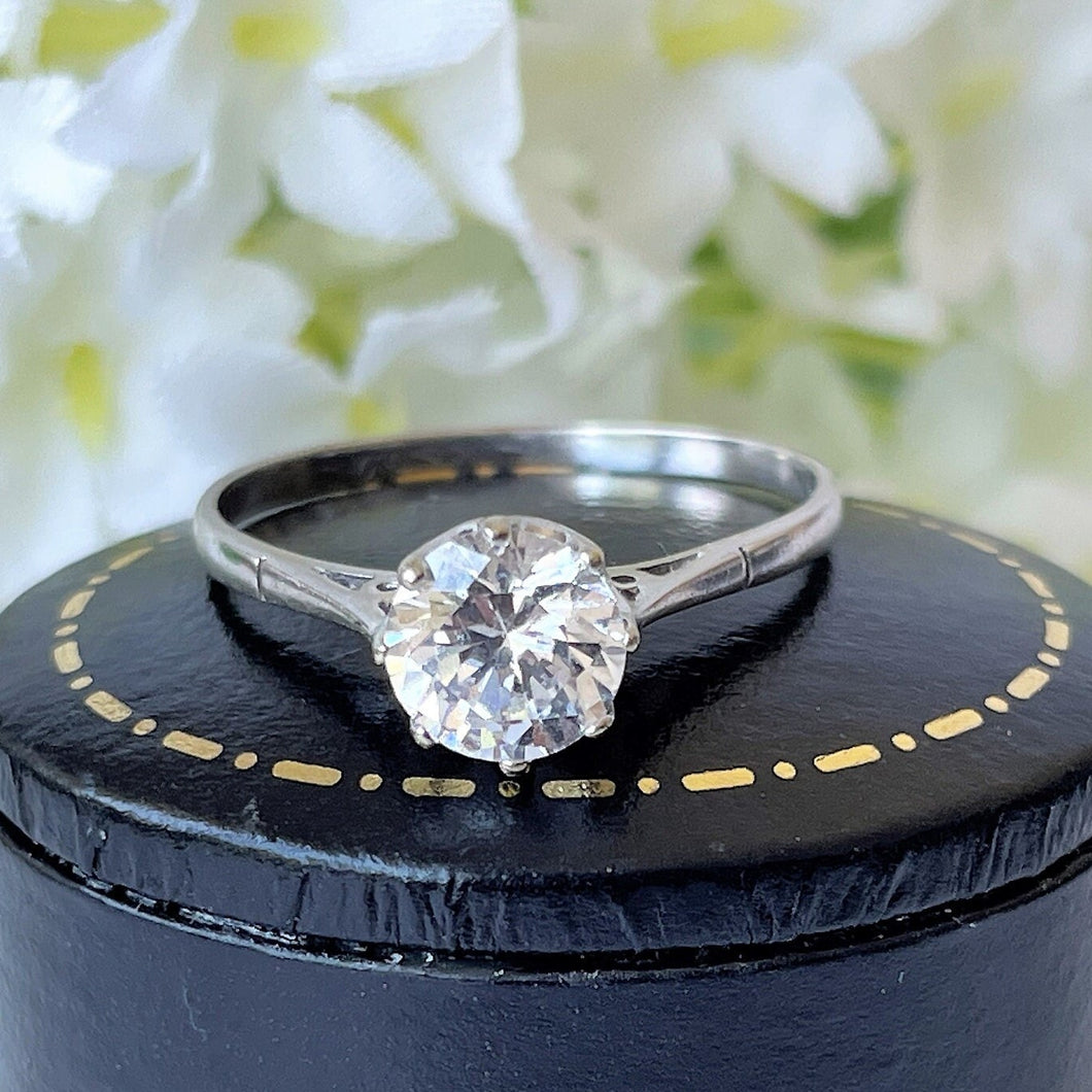 Vintage 9ct White Gold Simulated Diamond Solitaire Ring. 1-Carat CZ Crystal White Gemstone Ring. Art Deco Style Classic Engagement Ring