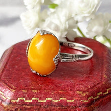 Load image into Gallery viewer, Antique Art Nouveau Butterscotch Amber 830 Silver Ring. Edwardian Period Ring. Egg Yolk Yellow Natural Amber Cabochon Ring. Size UK/M, US/6
