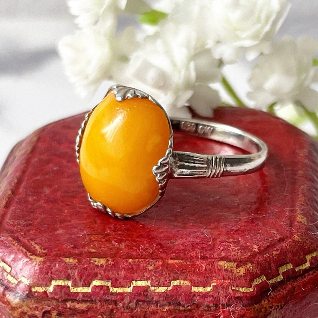 Antique Art Nouveau Butterscotch Amber 830 Silver Ring. Edwardian Period Ring. Egg Yolk Yellow Natural Amber Cabochon Ring. Size UK/M, US/6