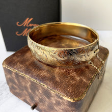 Load image into Gallery viewer, Vintage 22ct Gold On Silver Engraved Bangle, Boxed. British Hallmarked 1966 Sterling Silver Hinged Cuff Wide Bracelet
