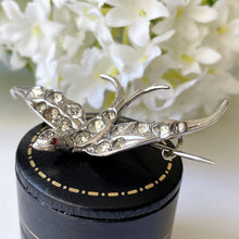 Lade das Bild in den Galerie-Viewer, Antique Silver Paste Diamond &amp; Ruby Swallow Brooch, Germany. Victorian/Edwardian Figural Love Bird Brooch. Antique Sweetheart Jewelry
