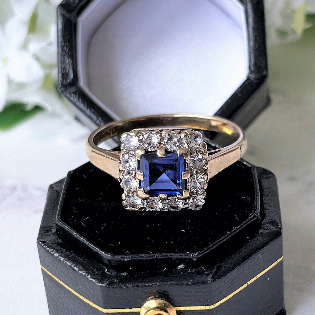 Vintage 1964 Art Deco Style Sapphire & White Spinel 9ct Gold Ring. Square Cut Sapphire Cluster Ring. Blue Sapphire Halo Ring, UK R/US 8-3/4