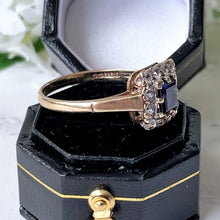 Load image into Gallery viewer, Vintage 1964 Art Deco Style Sapphire &amp; White Spinel 9ct Gold Ring. Square Cut Sapphire Cluster Ring. Blue Sapphire Halo Ring, UK R/US 8-3/4
