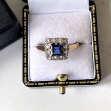 Charger l&#39;image dans la galerie, Vintage 1964 Art Deco Style Sapphire &amp; White Spinel 9ct Gold Ring. Square Cut Sapphire Cluster Ring. Blue Sapphire Halo Ring, UK R/US 8-3/4
