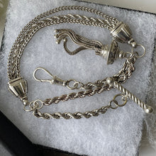 Load image into Gallery viewer, Victorian Sterling Silver Albertina Watch Chain Bracelet. Antique Etruscan Revival Fancy Link Chain Bracelet, Tassel Charm, T-Bar &amp; Dog-Clip
