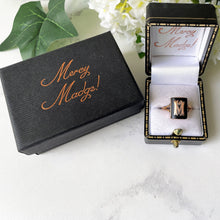 Load image into Gallery viewer, Art Deco 1934 Chester 9ct Gold Signet Ring. Vintage Rose Gold &amp; Black Agate Baguette Ring. Initial &#39;M&#39; Antique Gothic Signet Ring. Sz L/5.75
