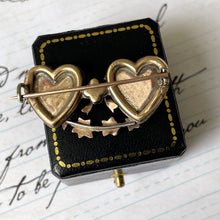 Load image into Gallery viewer, Antique Victorian Mizpah Brooch. Rose Gold Tone Double Heart Brooch With Photo Compartments. Antique Love Token Sweetheart Jewellery
