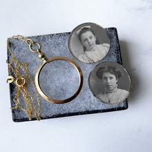 Load image into Gallery viewer, Edwardian Rolled Gold Picture Pendant With Portrait Photos. Antique Double Sided Glass Locket &amp; Chain. Round Yellow Gold Locket Necklace.
