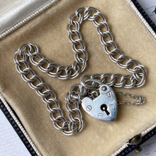 Load image into Gallery viewer, Vintage Sterling Silver Bracelet With Love Heart Padlock Clasp. Double Curb Chain Charm Bracelet. Silver Engagement Sweetheart Bracelet
