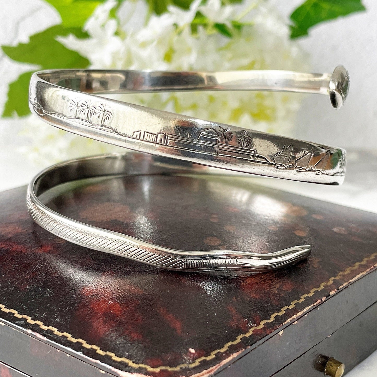 Art Deco 1930s Egyptian Revival Sterling Silver Snake Bracelet. Engraved "Fid Et Amore" 3- Coil Forearm Bangle. Antique Love Token Jewelry
